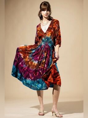 Aura Blook V-Neck Floral Rayon Tie Dye Midi Dress